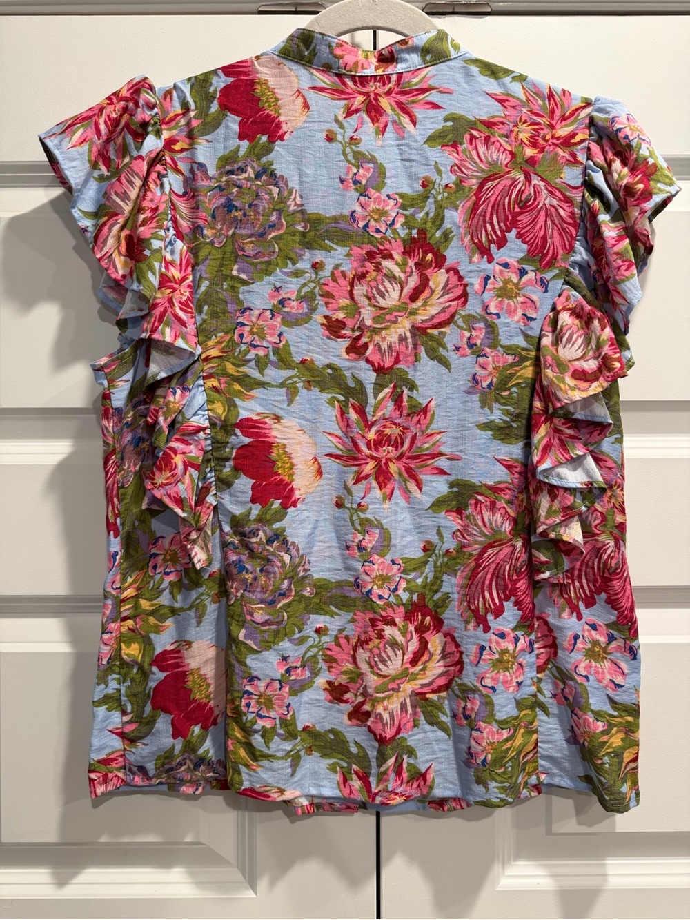 Rachel Floral Ruffle Sleeve Button Front Top - Pink/Green on Light Blue - Picture 6 of 8